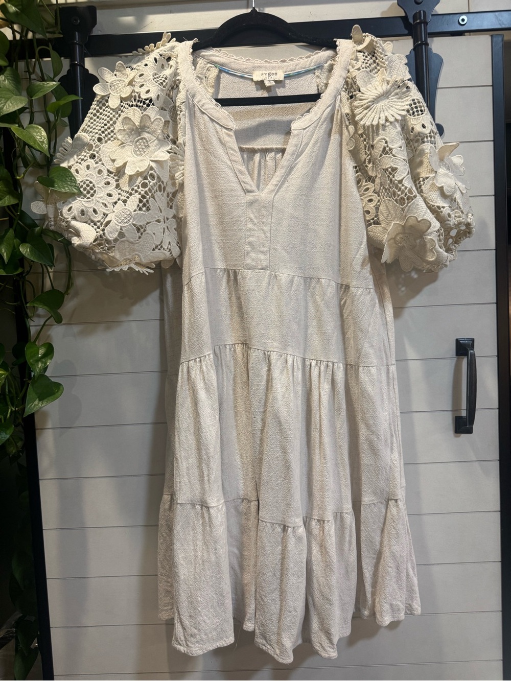 Umgee Cream Crochet Puff Sleeve Tiered Midi Dress